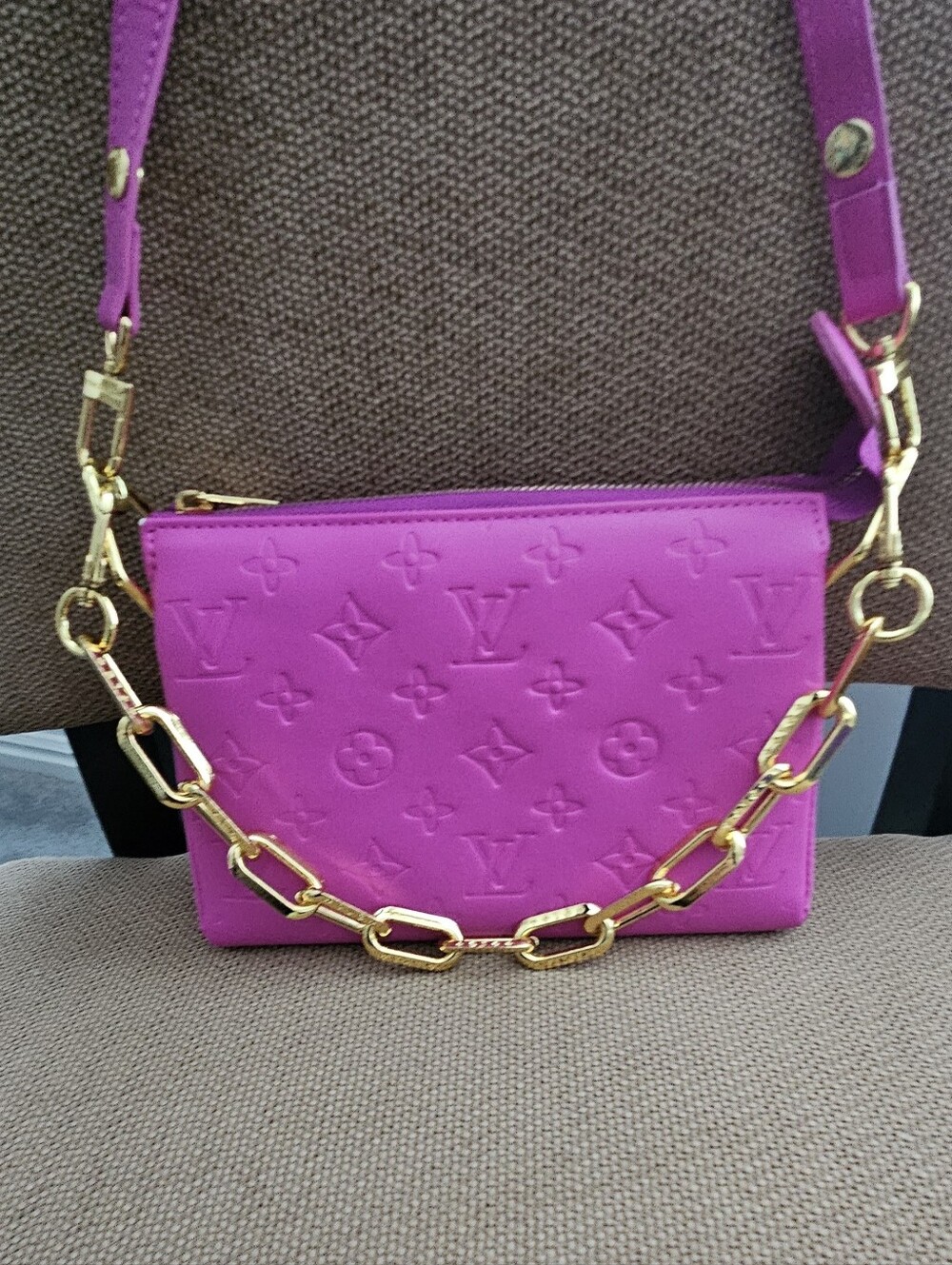 Designer Inspired Fuchsia Monogram Crossbody Bag with Gold Chain - Picture 3 of 8